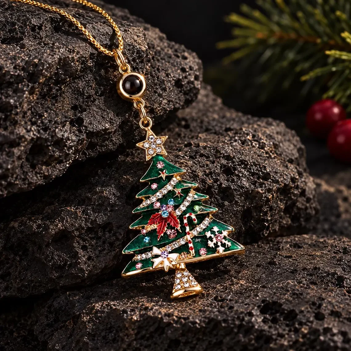 Dascusto Custom Photo Projection Necklace Personalized Christmas Tree Green Enamel Gold Xmas Jewelry Christmas Gifts For Womens