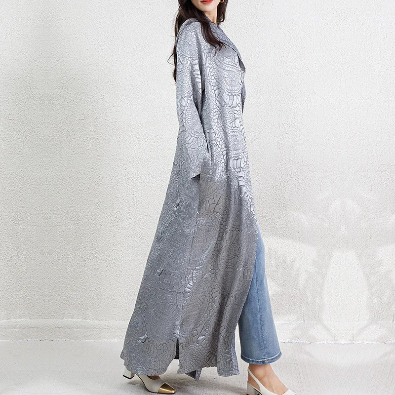 Heavy Industry Embroidered Embossed Long Fashion Coat for Women Autumn New Style Large Cardigan with Strap Silver Robe