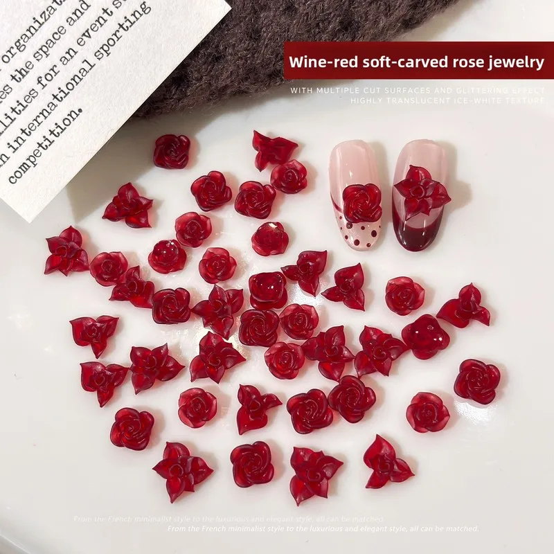 LYLE 50Pcs New Soft Carved Triangle Roses Nail Art Charms Mixed Wine Red Translucent Resin Flowers Press On Nail Accessories