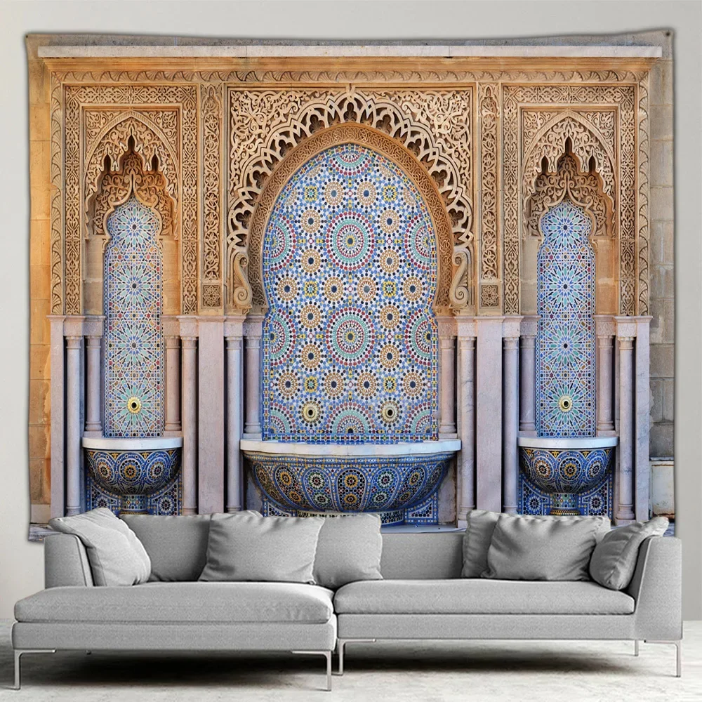 Moroccan Architectural Tapestry Retro Islamic Geometric Pattern Wall Hanging Bohemian Living Room Bedroom Home Wall Decor Mural