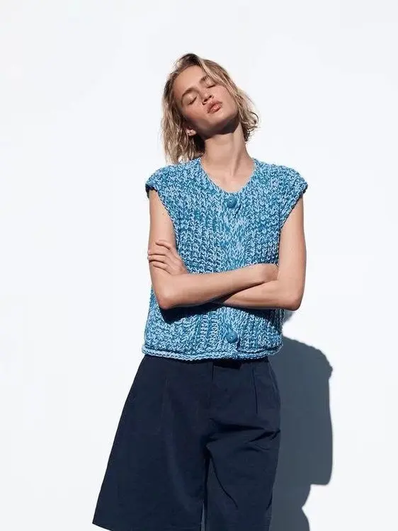 Estate 2025 Gilet lavorato a maglia pigro da donna Svel round Ne Couture grossolana Lunghezza ort Fibra di poliestere Casual Dolce