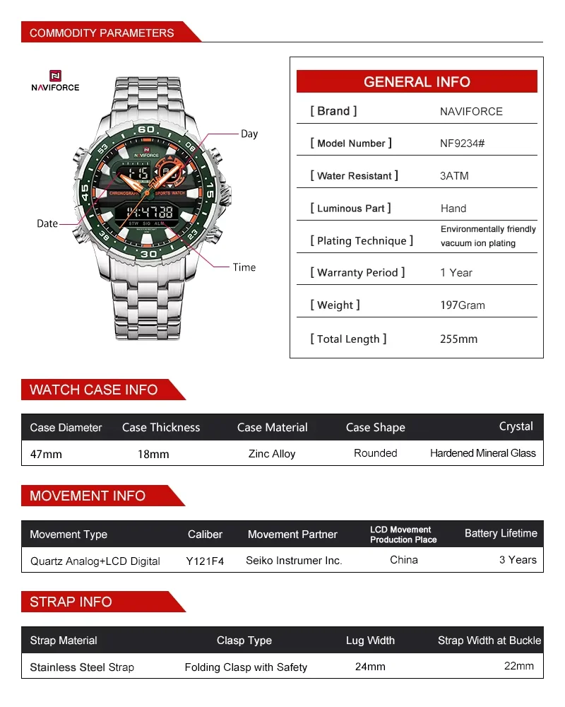Naviforce marca de moda preto ouro relógio masculino moda luxo quartzo relógios pulso esporte à prova dwaterproof água pulseira aço inoxidável nf9234