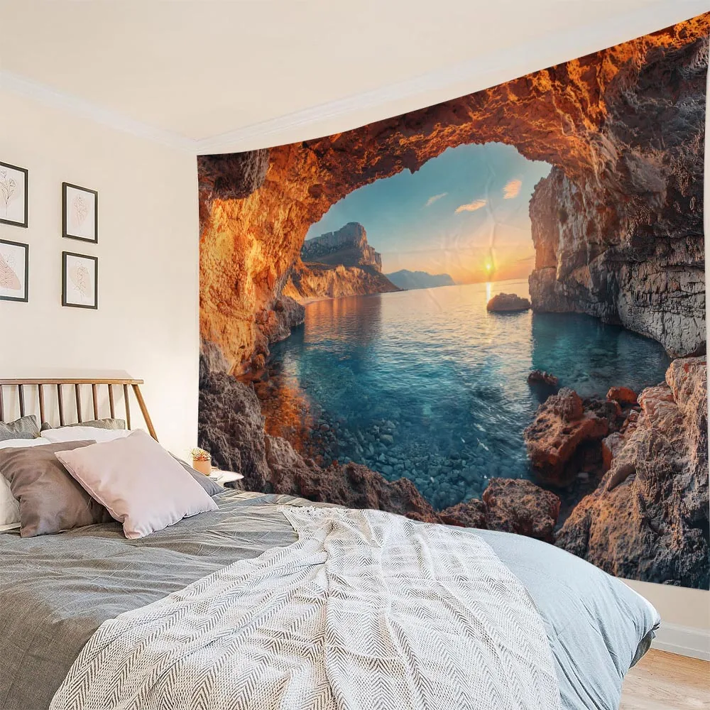 

Sea Reef Cave Sunrise Tapestry Natural Landscape Wall Hanging for Bedroom Living Room Homestay Decor Background Cloth