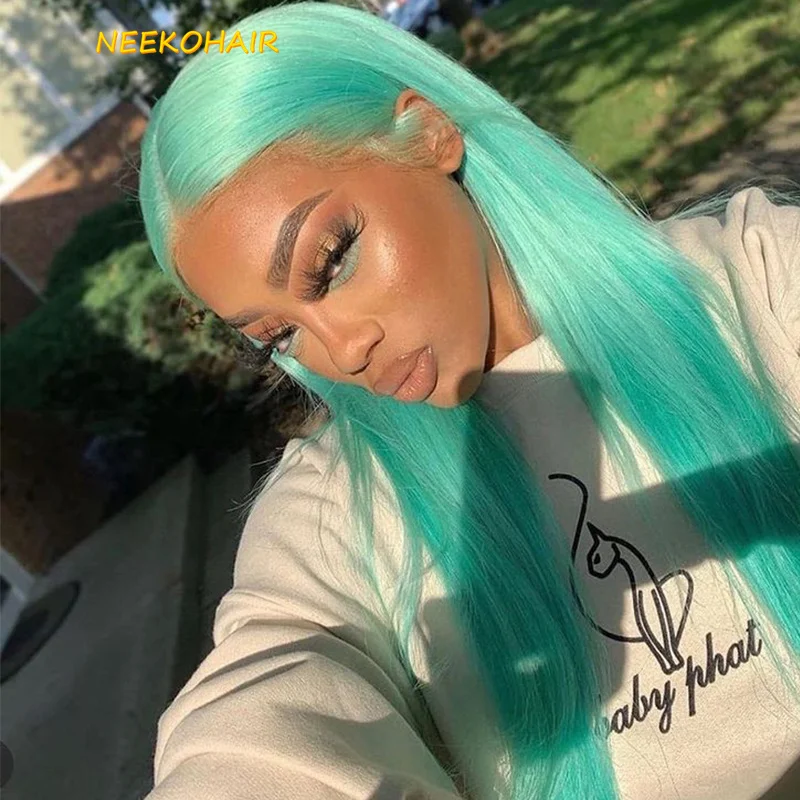 13x4 Transparent Mint Green Lace Front Wig Colored Straight 13*6 HD Lace Frontal Or 4x4 Closure Human Hair Wigs For Women