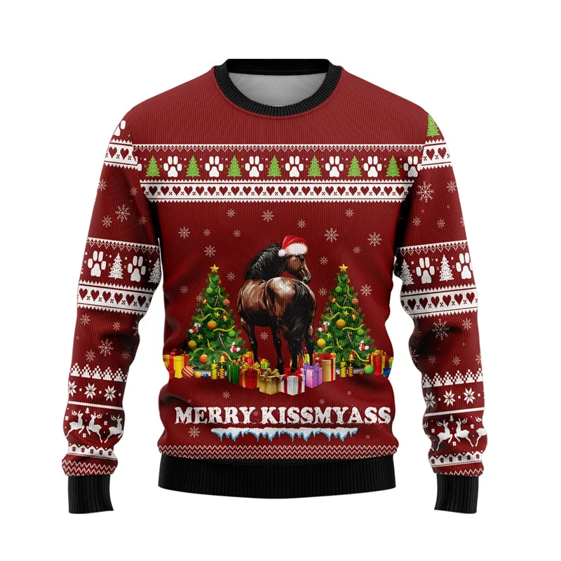 Cartoon Horse Graphic Sweatshirts Funny Ugly Sweater Xmas Holiday Crew Neck Animal Sweater For Men Clothes Unisex Polyester Tops