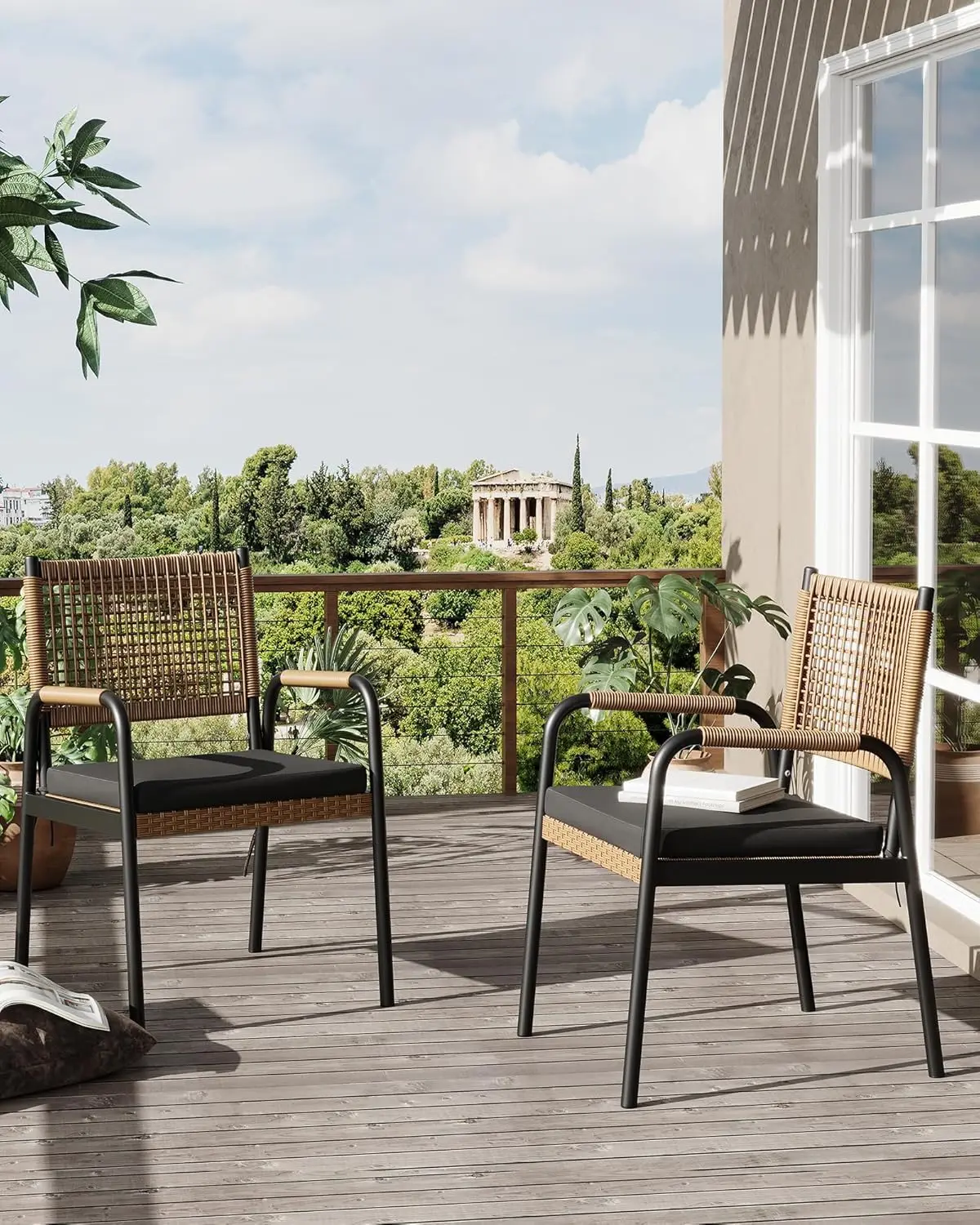 Ensemble de 2 chaises de jardin en rotin pour l'extérieur, fauteuils de patio résistants aux intempéries avec structure en métal, meubles de balcon 52,5x58x84cm