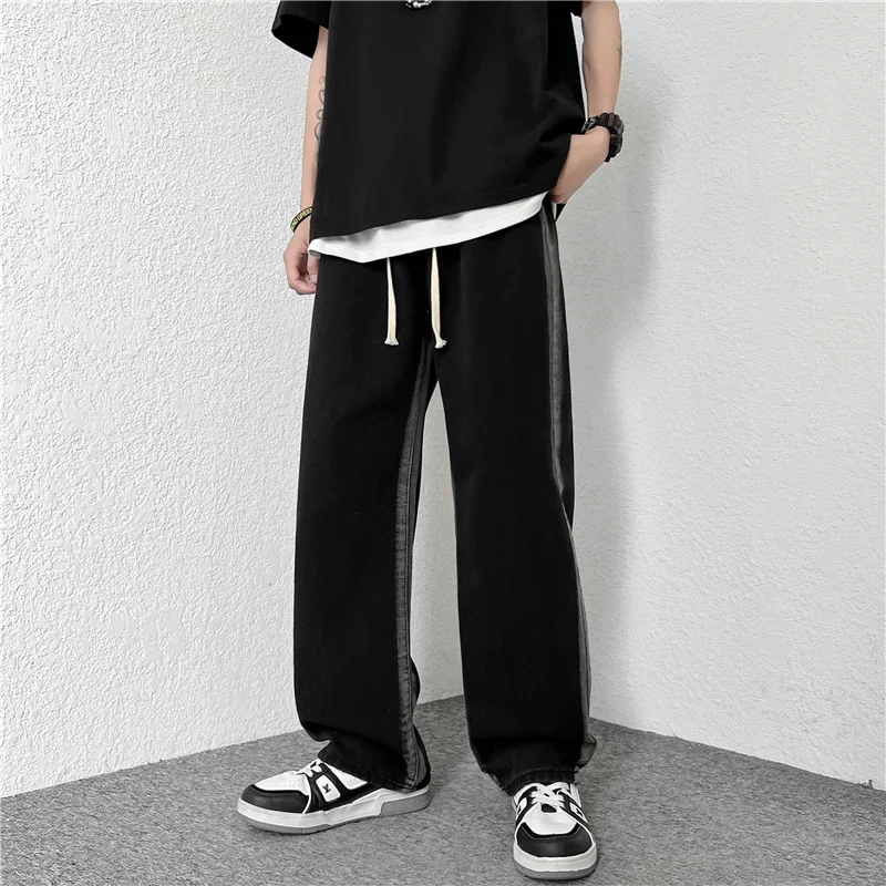 Loose Straight Leg Casual Jeans Men's Autumn Design Sense Drawstring Leisure Pants American High Street Long Jeans