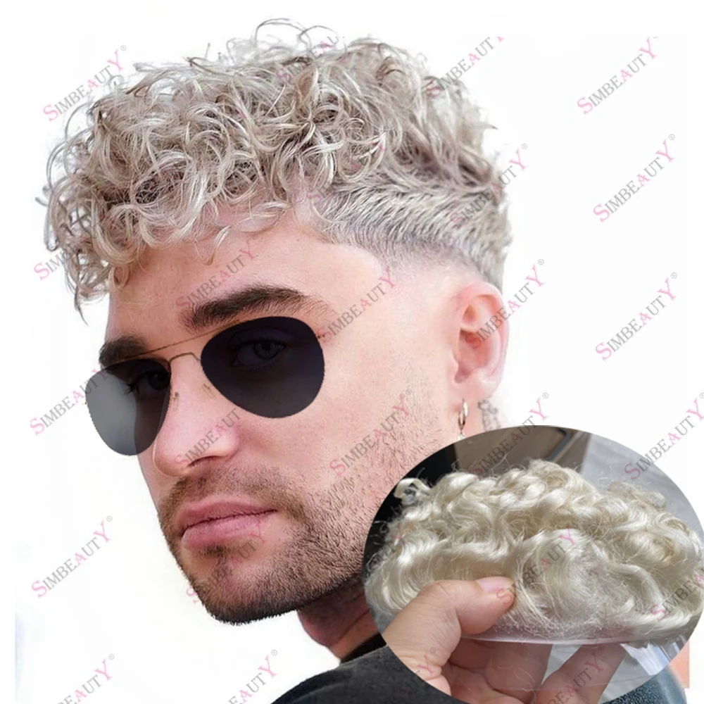 Men's Platinum Blonde Curly Cabelo Humano Toupee, Linha Fina Natural, Pele Fina, Vlooped, Poly Base, Fácil Instalação, Prótese Capilar, 20mm