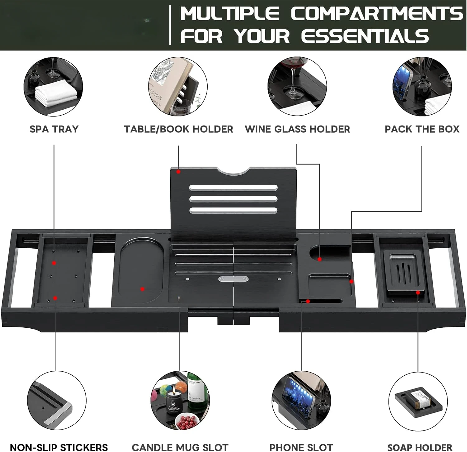 صينية حوض الاستحمام، علبة حوض استحمام قابلة للطي، صينية حمام حوض استحمام من الخيزران الفاخر قابلة للتعديل، مناسبة للعلاج المائي المنزلي #2