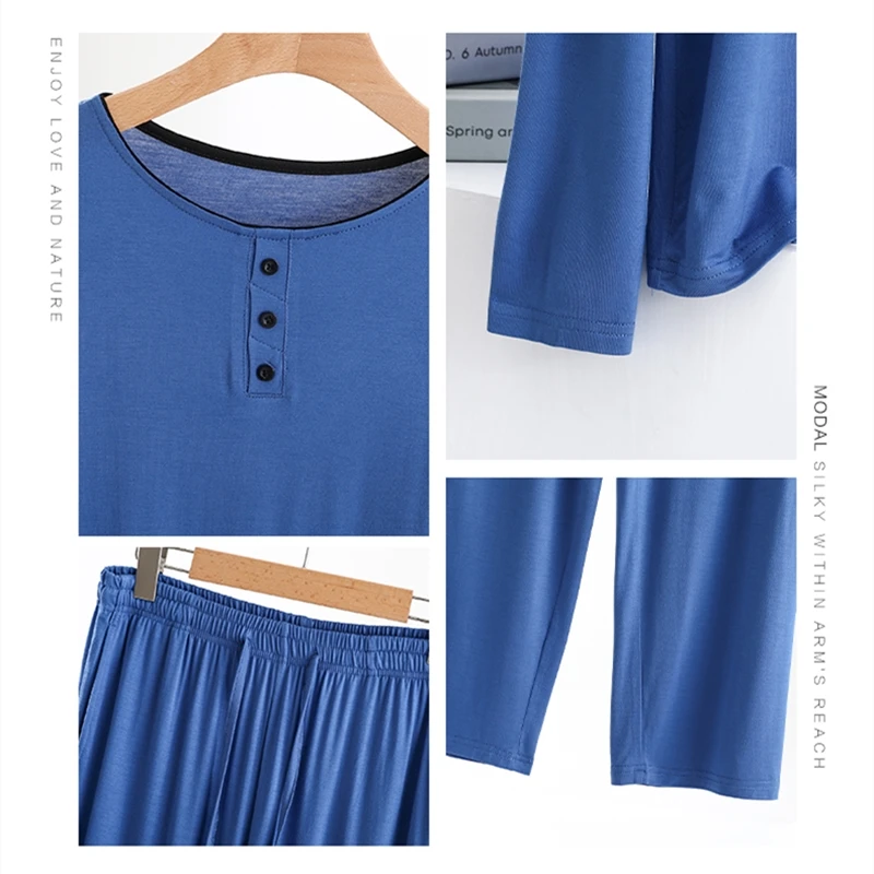 Men's Button round Neck Sleepwear Pajama Pants Home Clothes Set Spring Summer Thin Modal Can Be Worn outside Loose Two-Piece Set