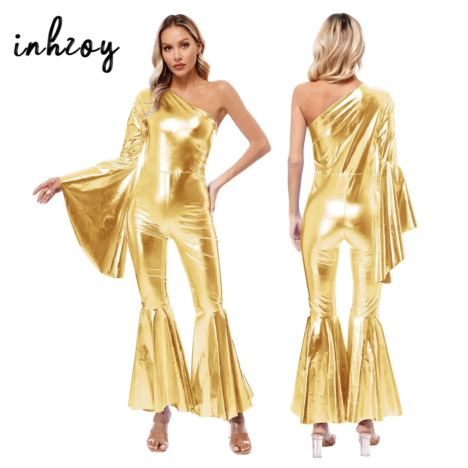 

70s 80s Hippie Disco Costume Women Shiny Metallic Bell-Bottom Dance Jumpsuit One Shoulder Flare Sleeve Bodysuit Latin Jazz Dress