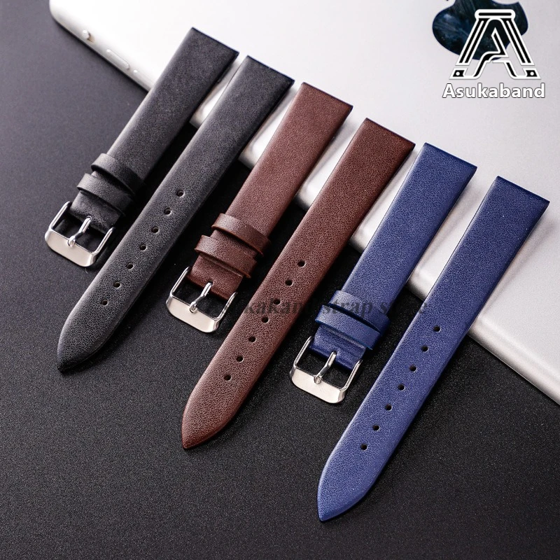 Ultra Thin Plain Weave Needle Pattern Leather Watch Band 16mm 18mm 20mm 22mm Watch Strap Genuine Cowhide Women Men Colorful Belt