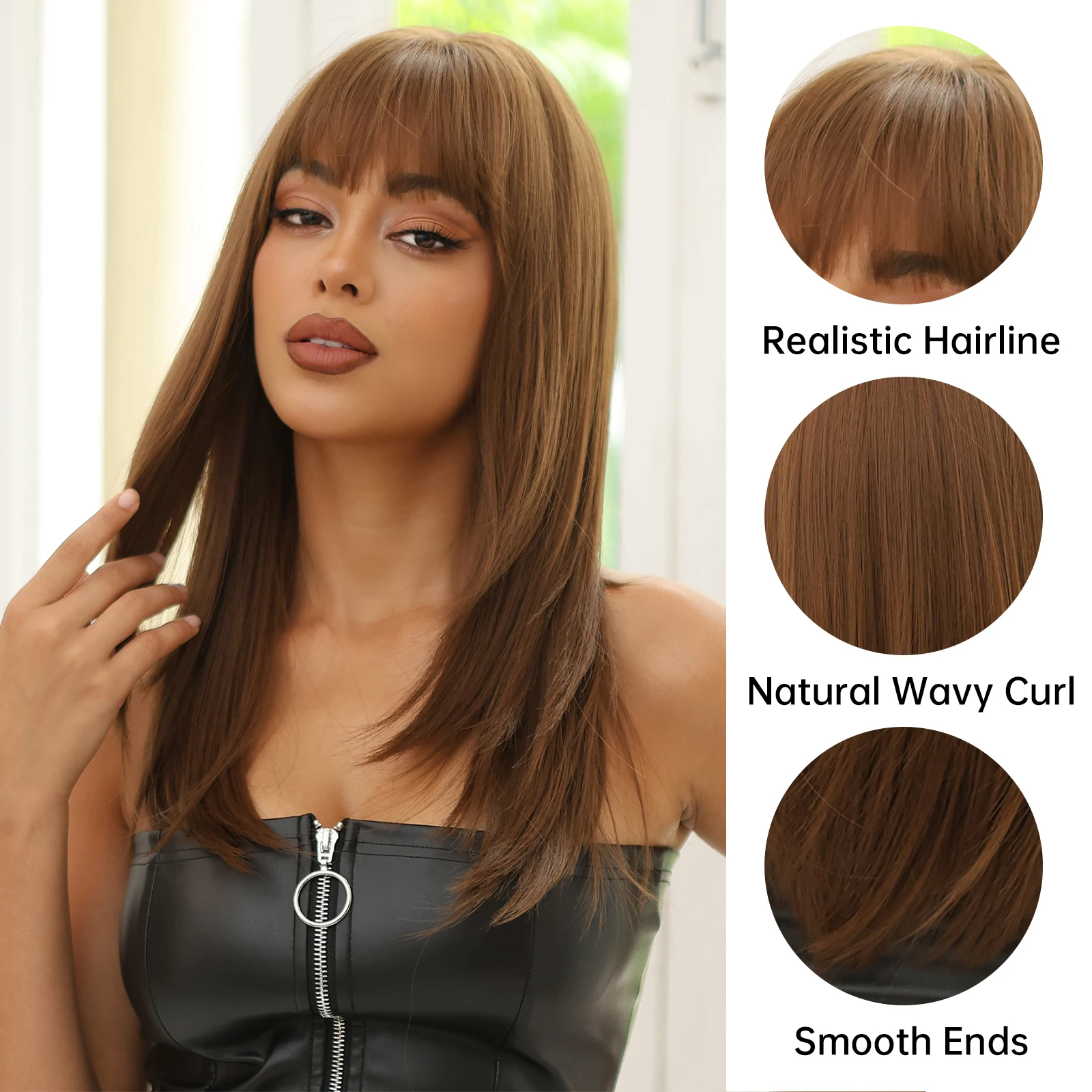 Natural Brown Syntheitc Wigs Layered Shoulder Length Copper Brown Straight Wig with Bangs for Women Heat Resistant Daily Party