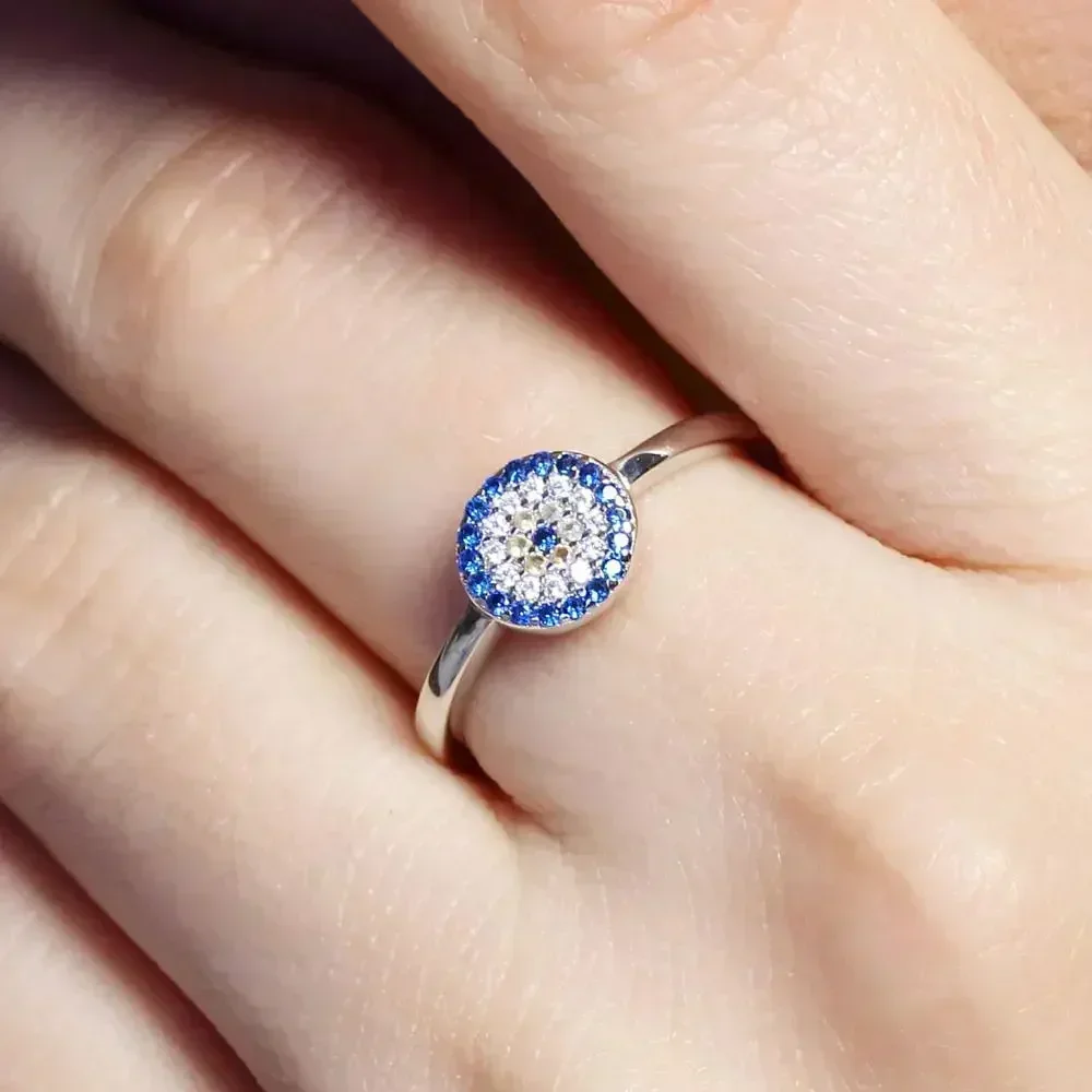 KALETINE Lucky Evil Eye 925 Sterling Silver Ring Charm Round Blue Crystal Finger Rings For Women Gift for Girl Turkey Jewelry