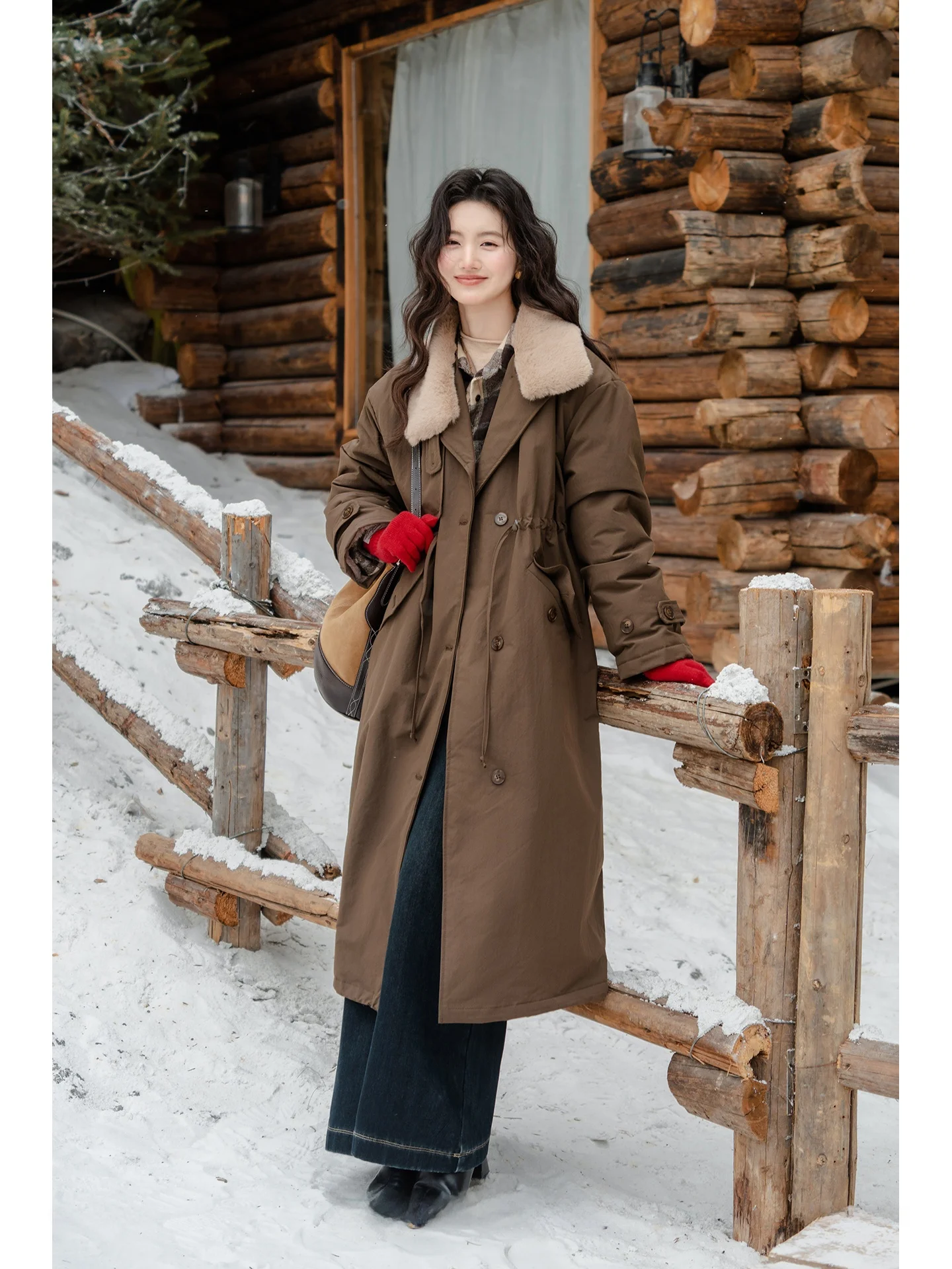 

Thiened Faux Fur Collar down Jaet Women's Mid-Length Coat Vintage Sle Dstring Loose Fit Long Sve Color
