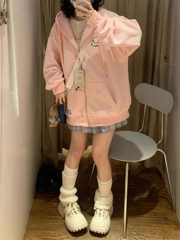 QWEEK Harajuku Kawaii Pink Zip Up felpa con cappuccio donna giapponese Y2K Sweet Cute Beige felpe in pile giacca con cappuccio Girly in stile coreano