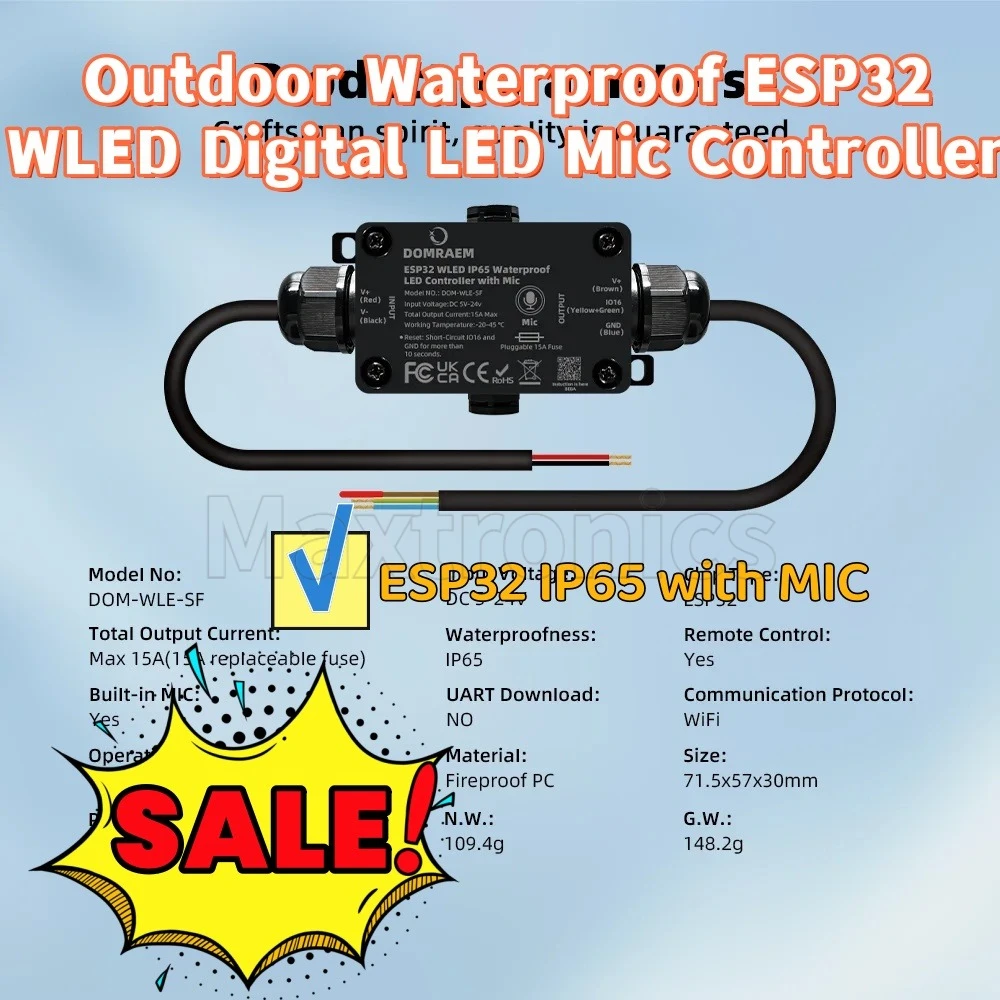 HOT Outdoor Waterproof ESP32 WLED Digital LED Mic Controller Alexa/HA/MQTT App Remote RGB IC IP65 15A Fuse RCP WS2811/05etc