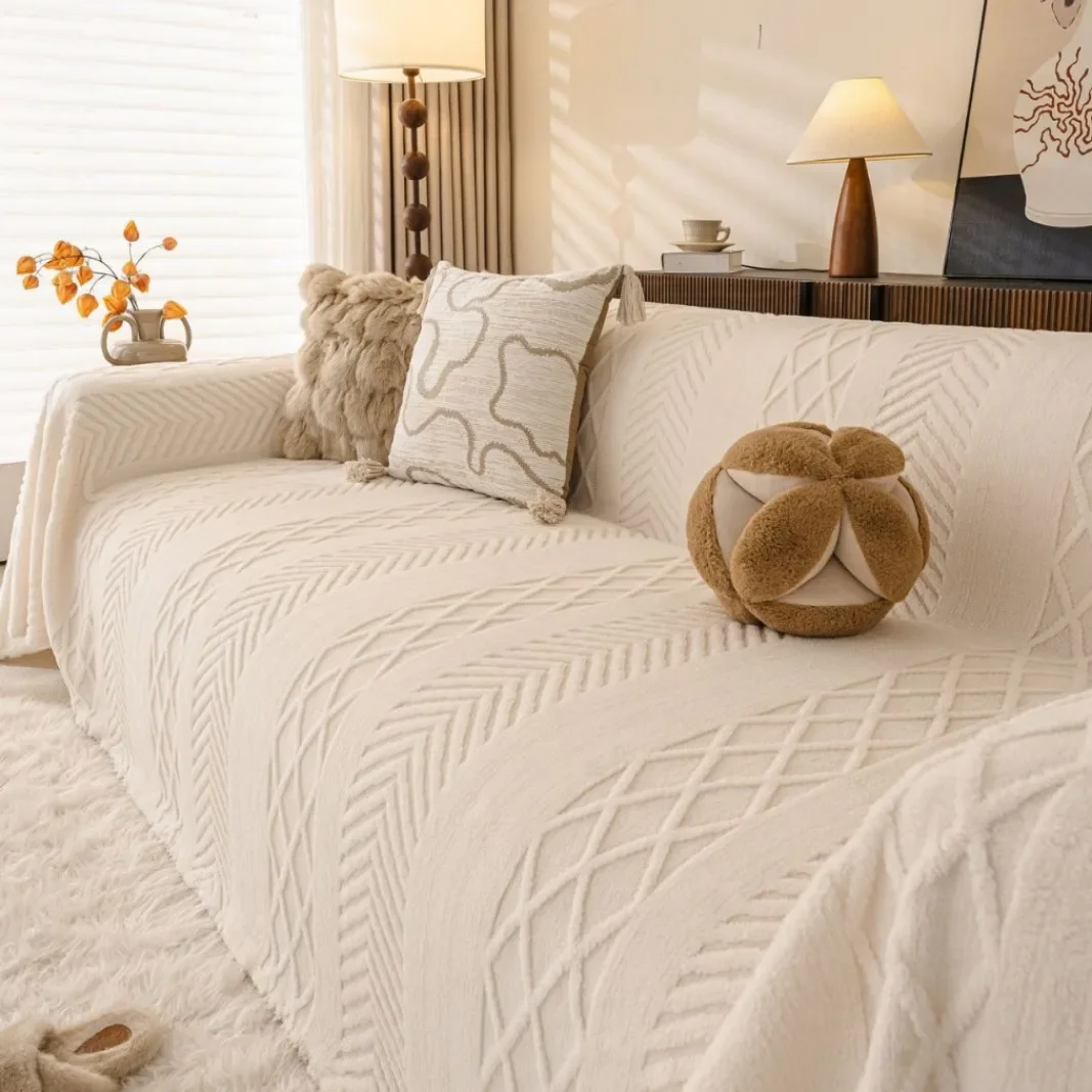 Chenille Plush Sofa Cover All-Season Skin-Friendly, Pom-Pom Fringe, Natural Drape, Machine Washable for Living Room Home Decor