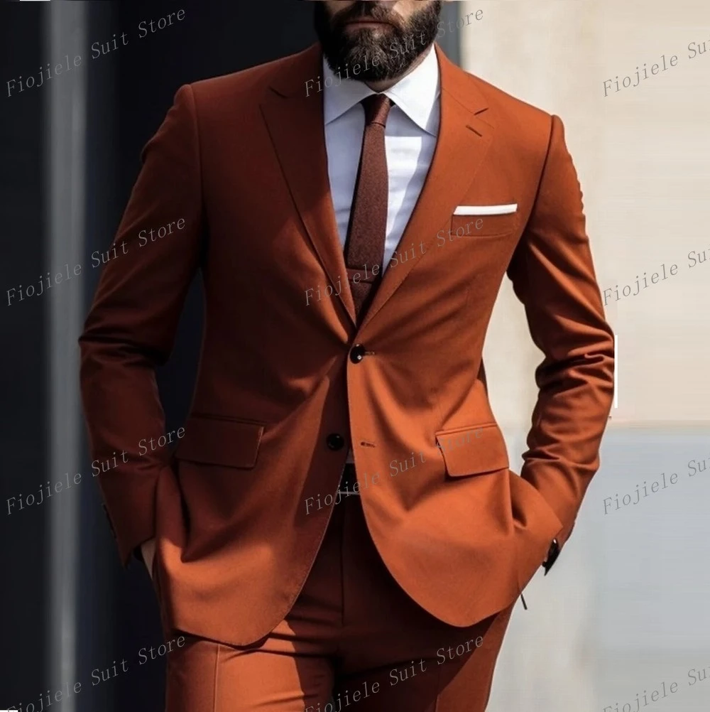 

New Dark Orange Men Suit Groom Groomsman Tuxedos Wedding Party Prom Formal Occasion Business 2 Piece Set Jacket Pants