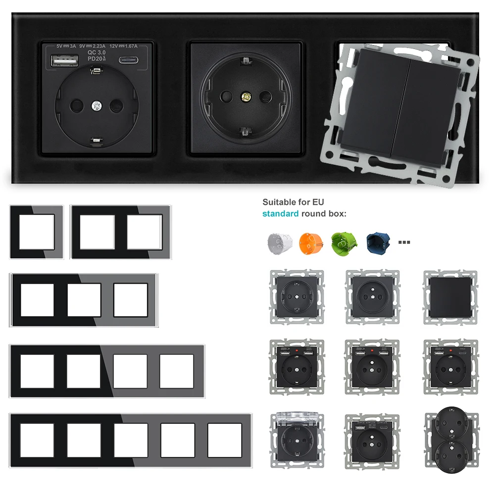 VISWE EU FR Type c and Usb wall socket 1-4 rame Glass panel Vertical installation combination For circular boxes Modular DIY