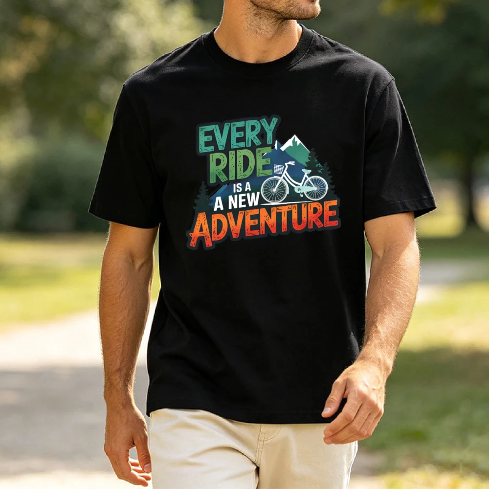 Minimal Outdoor Bike Art T Shirt Men Mountain Pine Scenery Every Ride Is A New Adventure Simple Cotton Street Short Sleeve Tee