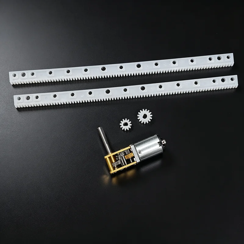 2 pcs 0.5 modulus plastic racks + 1 pc L-shaped N20 geared motor, matched with one 12-tooth and one 15-tooth 3mm D-bore gears