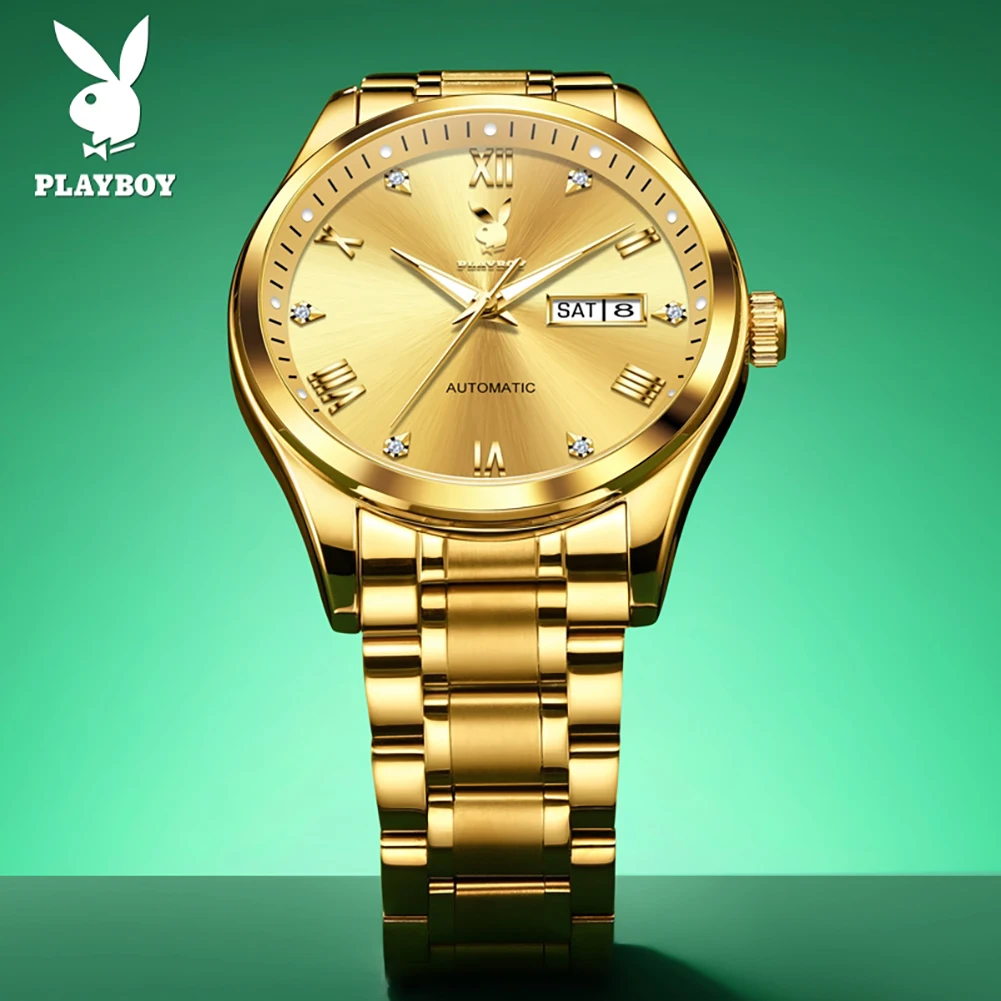 PLAYBOY 3901 Simple Mechanical Movement Watch Week Date Calendar Window Stainless Steel Strap Luminous 30M Waterproof Watch