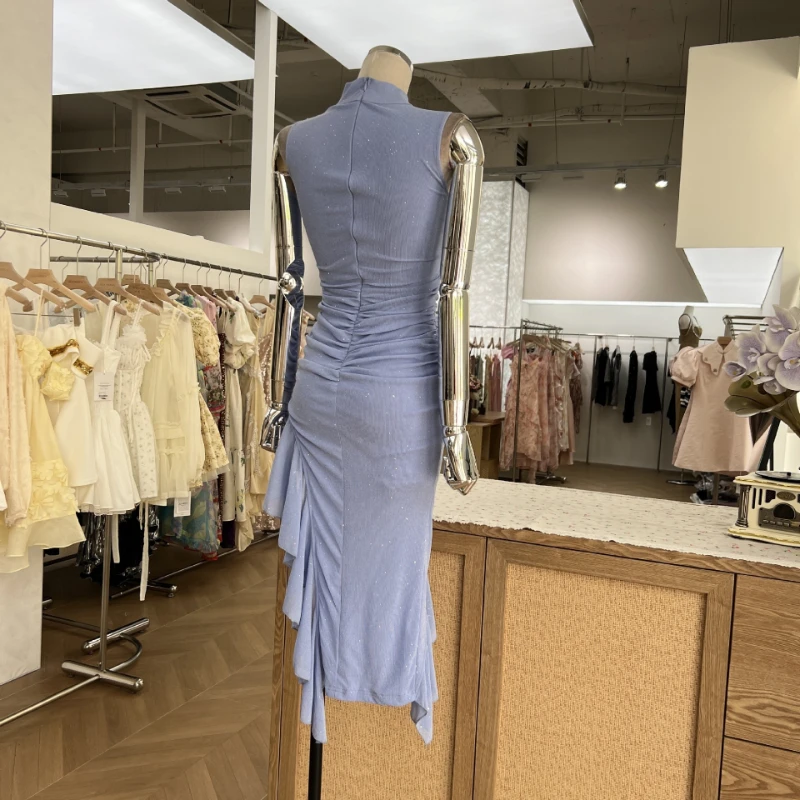 KBQ Blue Slimming Spliced Folds Chic Dresses for Women Turtleneck Sleeveless Elegnt Irregular Dress Female Summer Fashion New view 3