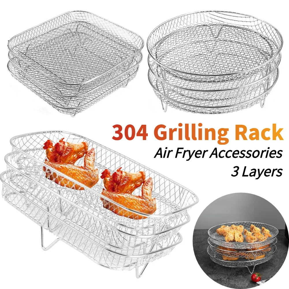 Freidora de aire de acero inoxidable 304, horno, parrilla, vaporizador, soporte deshidratador de 3 capas, cesta de parrilla de malla apilable, accesorios para freidora de aire