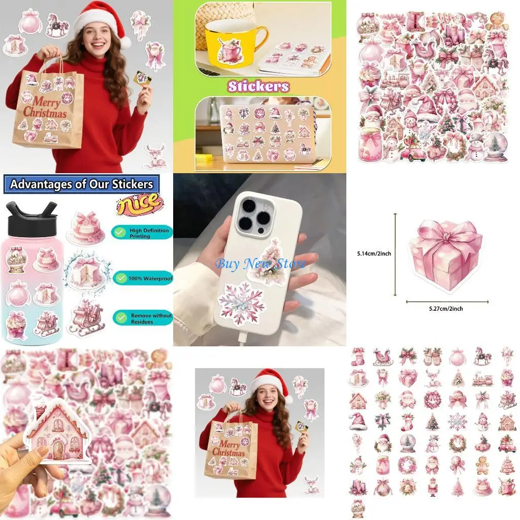 

20CE упаковка из 50 розовых рождественских мультяшных ПВХ-наклеек, водонепроницаемые самоклеящиеся украшения для планшета