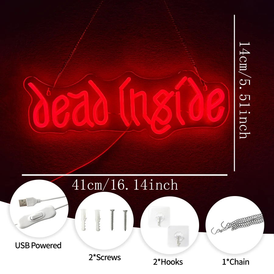Dead Inside Neon Sign for Wall Decor,Gothic Horror Home Decor,Halloween Party Wall Decor,Gothic Lover Gifts,USB Powered