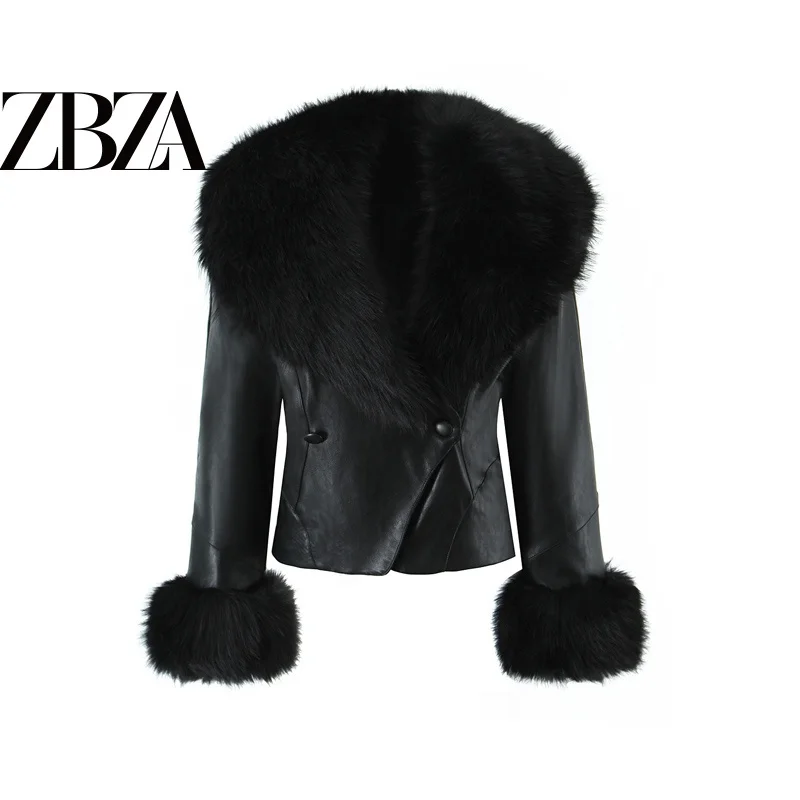 

Fashionable Elegance Women's Jacket Coat Long Sleeve Fur Collar Waist Cinched Polyester Fiber Double Breasted Short Outerwear