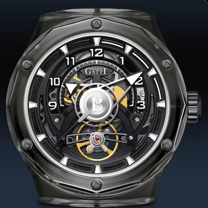 

Мужские автоматические часы BONEST GATTI, 45 мм, акриловый корпус, механические наручные часы, светящийся ремешок из фторкаучука, скелетонизированный циферблат