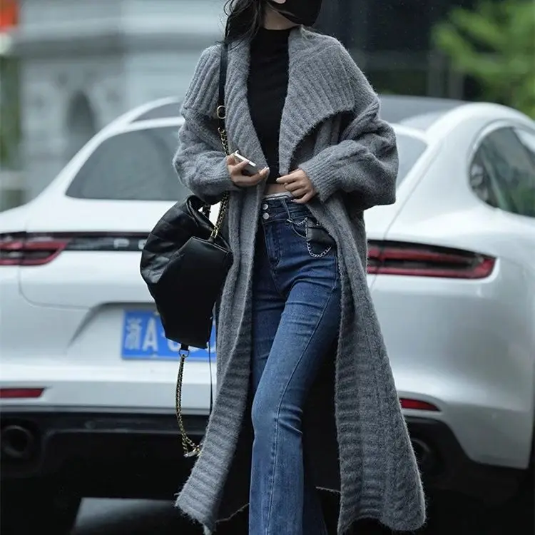 High quality knitted long cardigan for women autumn/ winter new windbreaker with thick and lazy style versatile sweater jacket