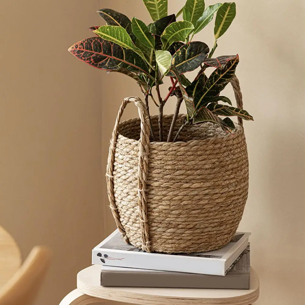 

Round Wicker Planter Basket with Handles Indoor Outdoor Plants Rattan Woven Planter Pot Living Room Garden Decorative Flower Pot