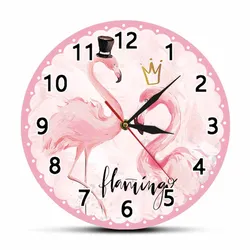 Pink Flamingo With Crown Modern Design Wall Clock For Princess Girl Bedroom Wildlife Animal Print Watch Bird Lover Artwork Clock