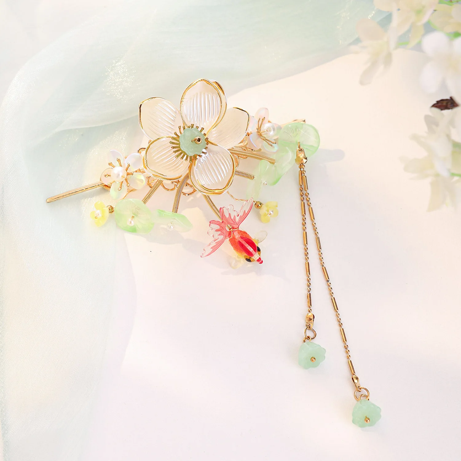 Corona para el Cabello, Elegante Traje Tradicional Chino para Amantes del Cosplay, Horquilla con Borlas de Loto Koi, Joyería Vintage para la Cabeza Hanfu