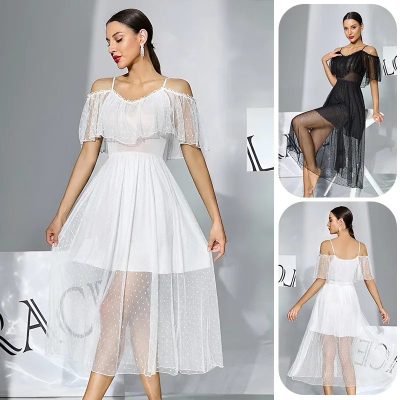 2026 Hot Selling New Lazy Polka Dot Mesh off Shoulder Waist Mid Length Home Casual Nightgown