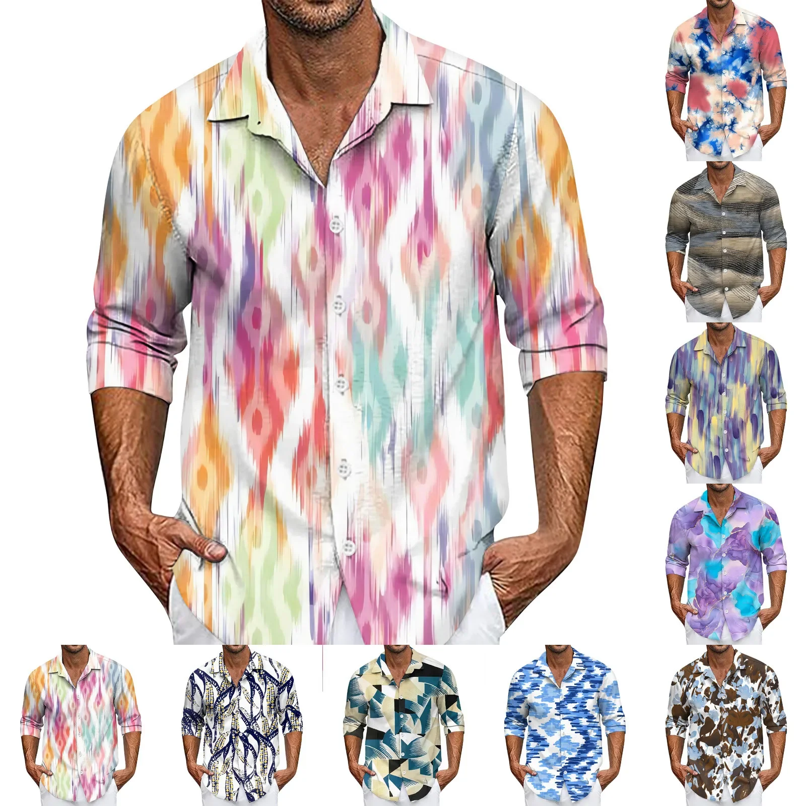 

2025 Men T-Shirt Men'S Summer New Loose Print Long Sleeve Shirt Cardigan Beach Shirt Nuevo En Tops Y Camisetas Erkek Giyim