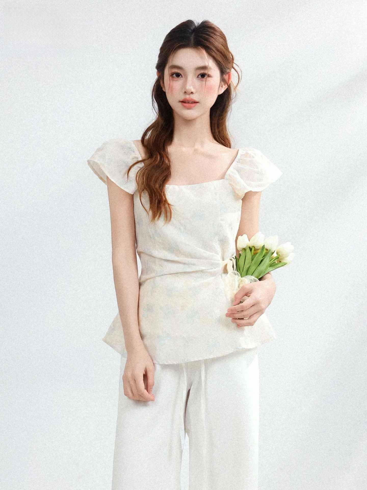 

Women's Bubble Sleeve Shirt Bow Knot Waist Cinched Design Summer Top Casual Style Polyester Fiber Short Sleeve Square Collar