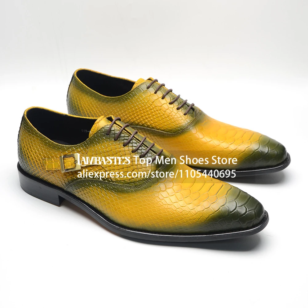 Yellow Green Gradient Snakeskin Oxford Shoes Embossed Python Side Buckle Dress Shoes Burnished Snake Pattern Monk Strap Oxfords