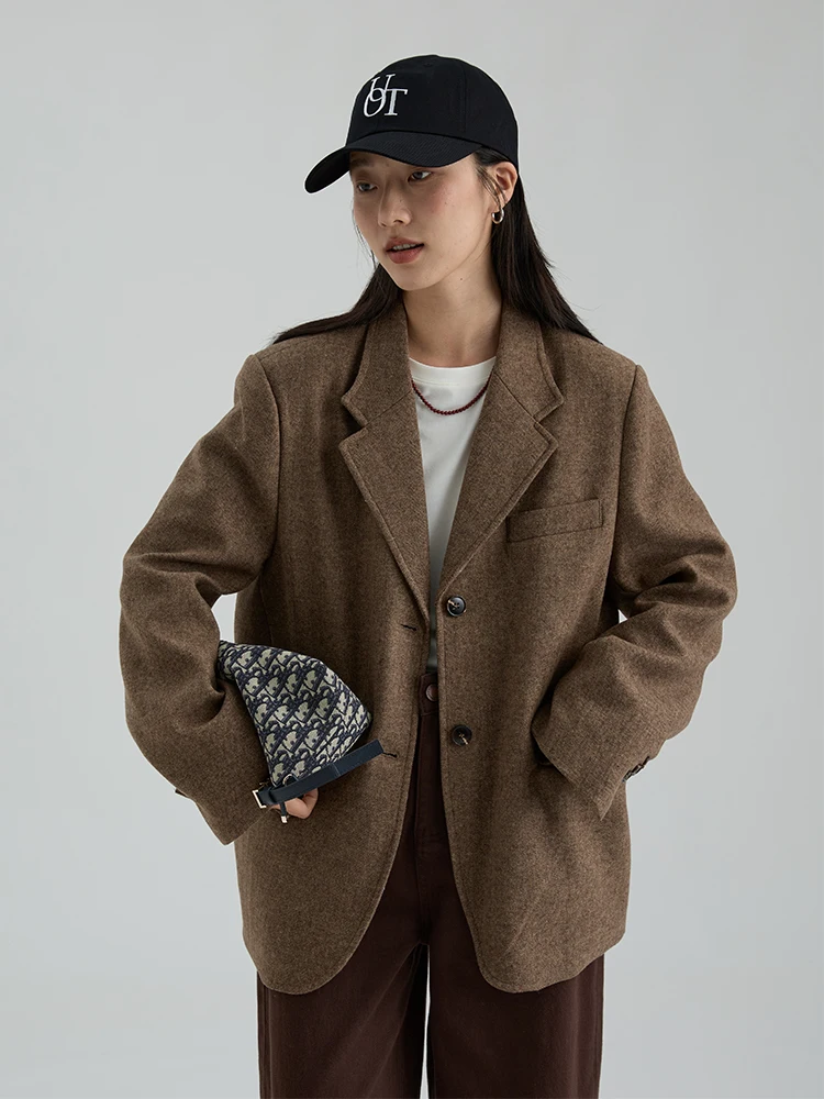 

Dwind2025 Women's Woolen Suit Jaet Casual Commute Sle ort Coat Nylon Loose Fit Pure Color Polyester Wool Blend