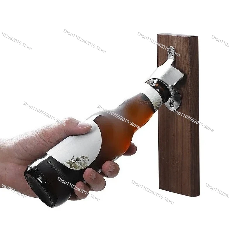 Magnetic Wall Mounted Solid Wood Beer Bottle Opener, Creative Refrigerator Cap Catcher for Home Bar