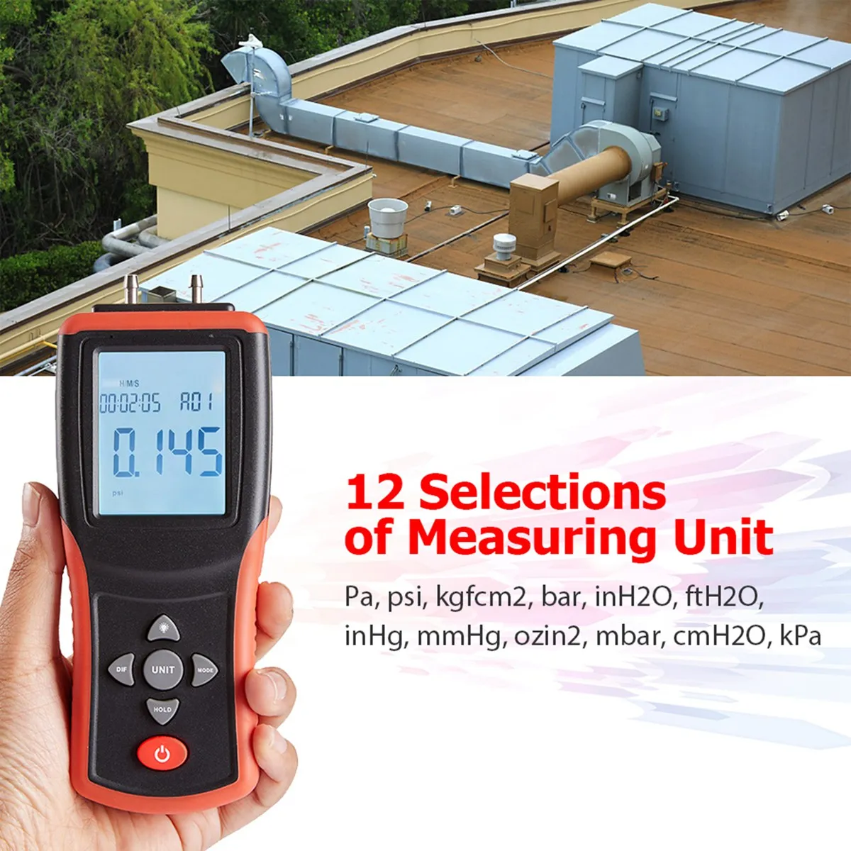 Digital Manometer 2.4 Inch LCD High Precision Dual-Port Manometer ±2Psi Differential Air Pressure Tester with 12 Units