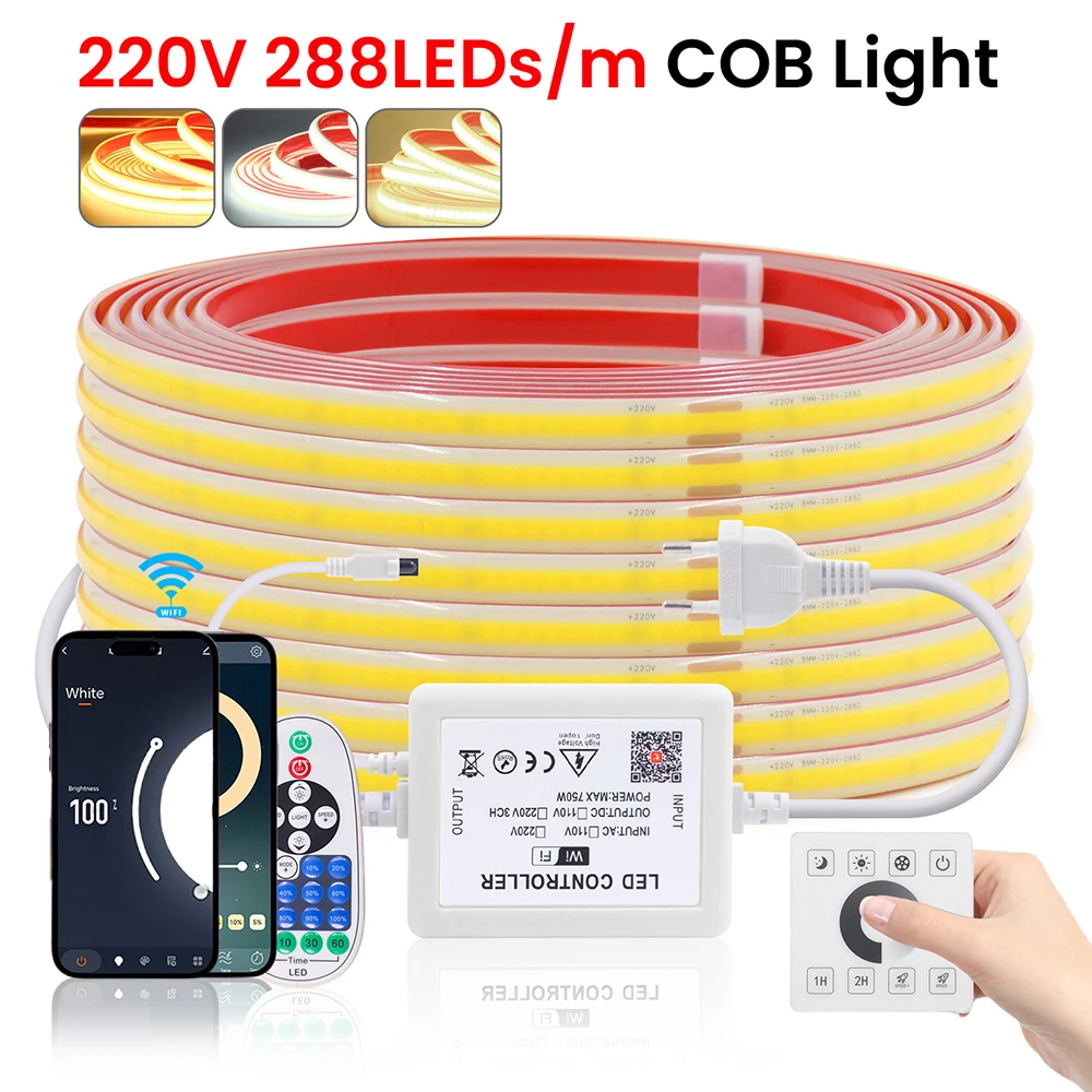 Wall Touch Wifi Bluetooth COB LED Neon Strip 220V Light 23key Remote Control Power Kit Dimmable 288LEDs/m Clear Flex Tube Lamp