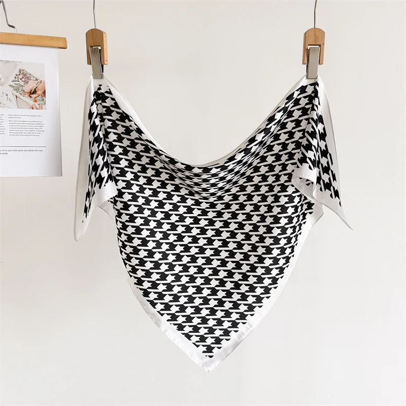 2026 New Faux Silk scarf Foulard 130*87*61cm Triangle bandage houndstooth Waist Kerchief Party Wedding Office Lady Gift for Her