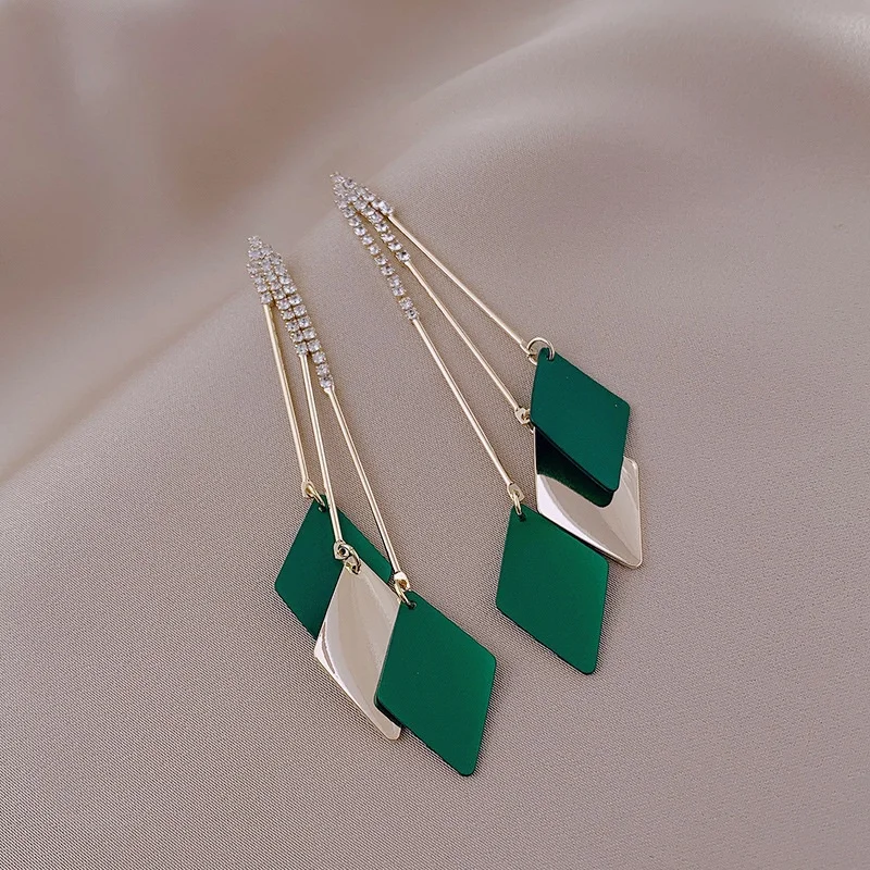 Korean Fashion Long and Wide Tassel Earrings Blue and Green Valentine\'s Day Gift Wedding Earrings Valentines Day Gift Jewelry