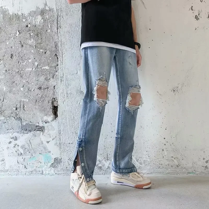 2024 High Street Hole Ripped Hip Hop Men Grunge Wide Jeans Pants Ankle Button Vibe Style Vintage Denim Trousers Pantalon Homme