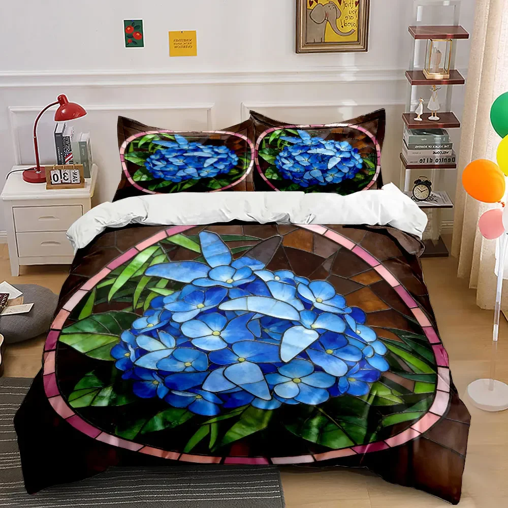 3-teiliges Bettwäsche-Set mit Buntglas-Blumendekor, weich und bequem, inklusive 1 Bettbezug und 2 Kissenbezügen, Geschenk