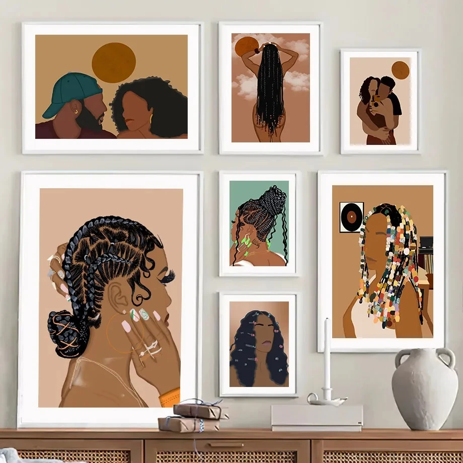 Arte de uñas de pelo negro y marrón, imagen de dama, pintura en lienzo, arte de pared, figura de moda moderna, póster e impresión, decoración del hogar y sala de estar